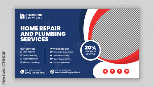 Home Repair and Plumbing Handyman Services Horizontal Web Banner and Social Media Post Template