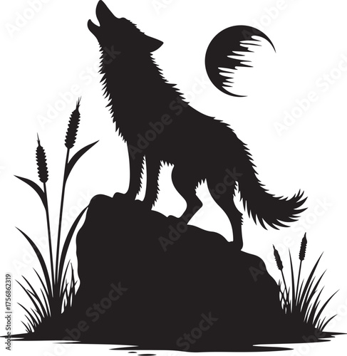 Black silhouette of a wolf howling at a crescent moon