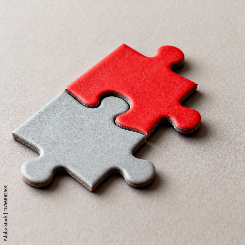 Fototapeta premium A Close Up of Two Puzzle Pieces One Red and One Gray Connected on a Neutral Background
