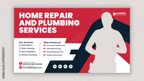 Plumbing and Handyman Services Horizontal Banner and Social Media Post Template for Marketing