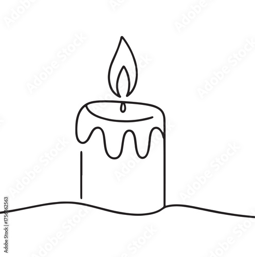Minimal Candle Line Art Drawing | Simple Outline Candle with Flame and Wax Drips on White Background
