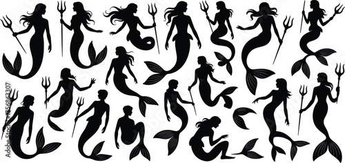 Collection of black silhouette mermaid illustrations with tridents, fantasy sea characters in graceful underwater poses for mythology and ocean art design