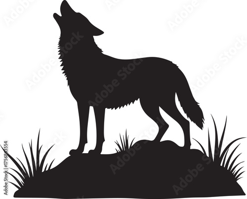 Black silhouette of a wolf howling on a grassy hill