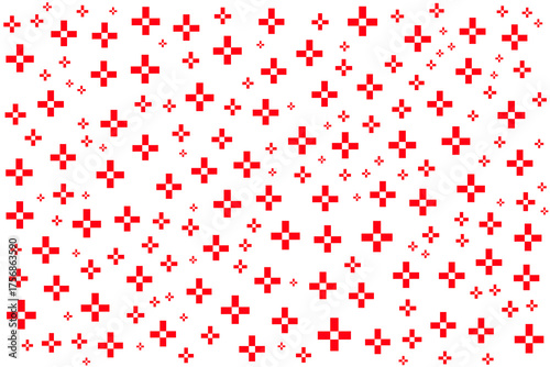 Bold red pixel cross pattern on white background. Ideal for retro-inspired graphics, digital interfaces, textile prints, web design, packaging, game art, and pop culture visuals.