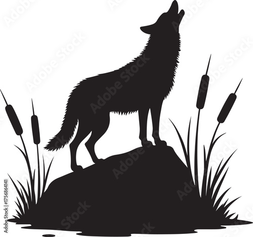 Black silhouette of a wolf howling on a rock with cattails