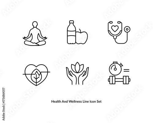 Health and wellness icons meditation apple stethoscope heart leaf hands stopwatch