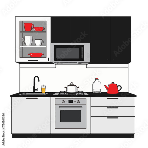 Minimalist kitchen design in black and white with red accents, modern aesthetics