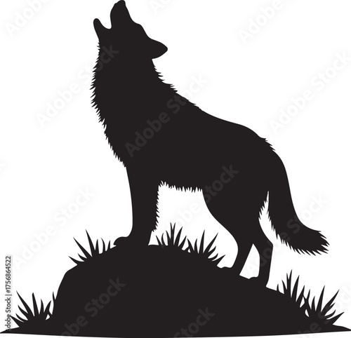 Black silhouette of a wolf howling on grassy mound