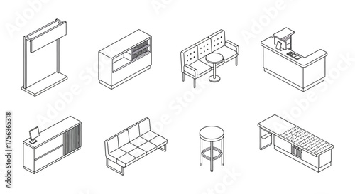 isometric furniture line drawing lounge seating reception desk display and bar stool arrangement perfect for interior design mockups