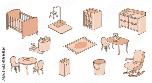 isometric nursery furniture baby crib changing table rocking chair rug and toys for childhood illustration for a baby room design home decor