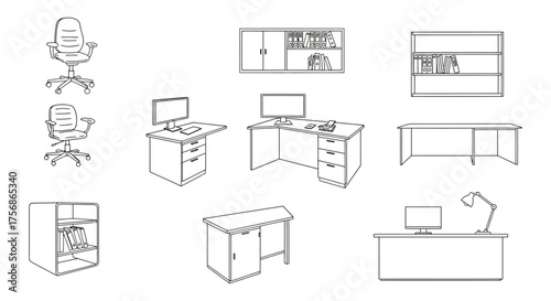 office furniture line drawing office furniture arrangement illustrating modern office design corporate interior work space planning and ergonomic design.