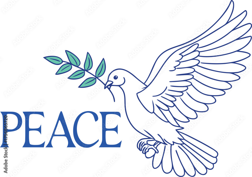 Obraz premium Outline drawing of a dove with an olive branch and the word PEACE