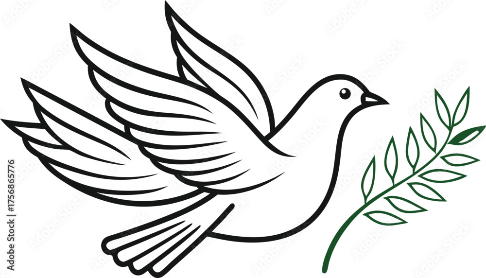 Fototapeta premium Black Outline Dove with Green Olive Branch bird peace