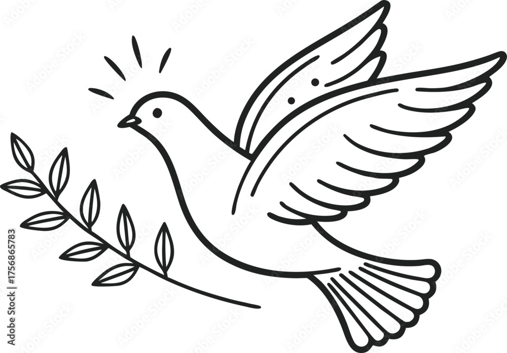 Obraz premium Black Outline Dove with Olive Branch Line Art bird