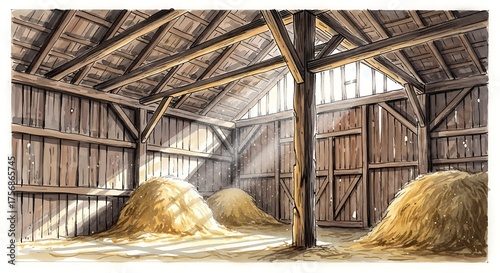 Barn Interior with Hay Bales and Sunlight Illustration