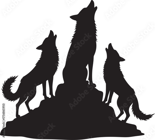 Three black wolf silhouettes howling on rocky terrain