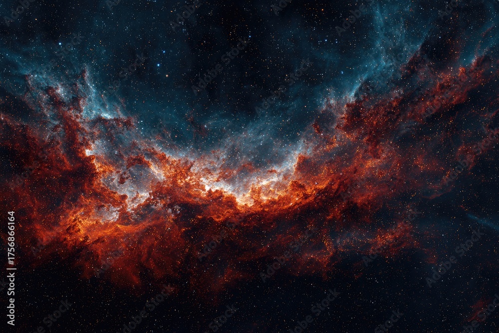 Fototapeta premium A cosmic scene with fiery red and cool blue gases swirling in the vast expanse of space