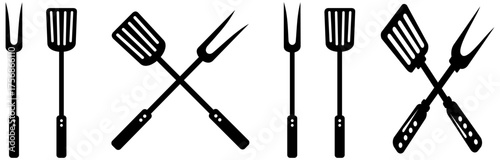 Barbecue grill tools including spatula tongs and fork silhouette . Design element for logo, label, sign, poster, flyer. Vector illustration template