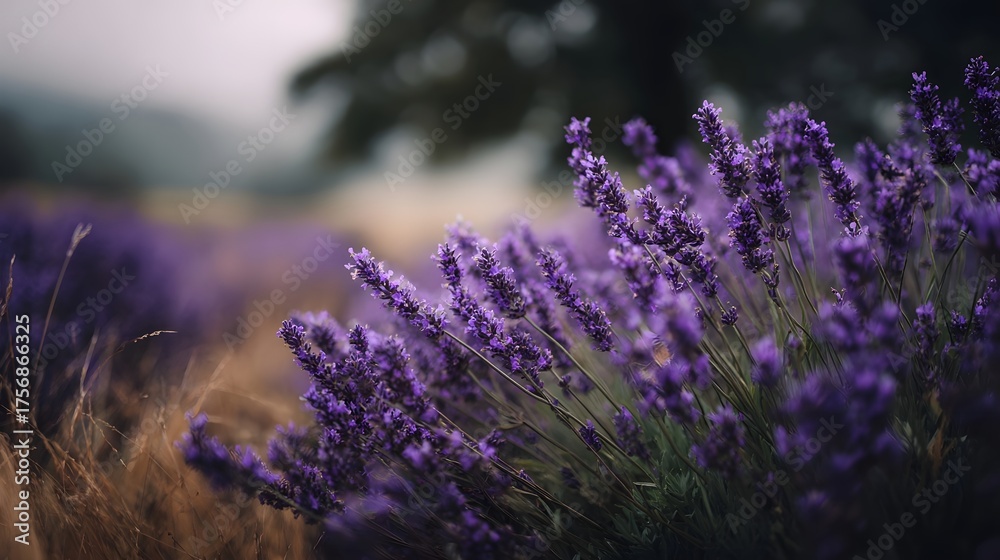 Obraz premium A field of vibrant purple lavender flowers in full bloom set against a soft blurred natural background under natural light