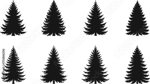 Set of eight pine tree silhouettes, black evergreen forest shapes, minimal Christmas and winter nature design elements for decoration