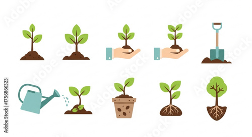 Collection of flat icons about planting trees and caring for the environment, perfect for illustrating ecological concepts