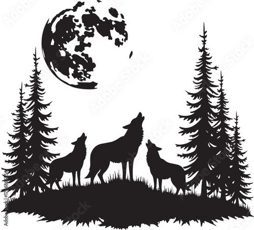 Three wolves howling at a full moon in a forest wolf
