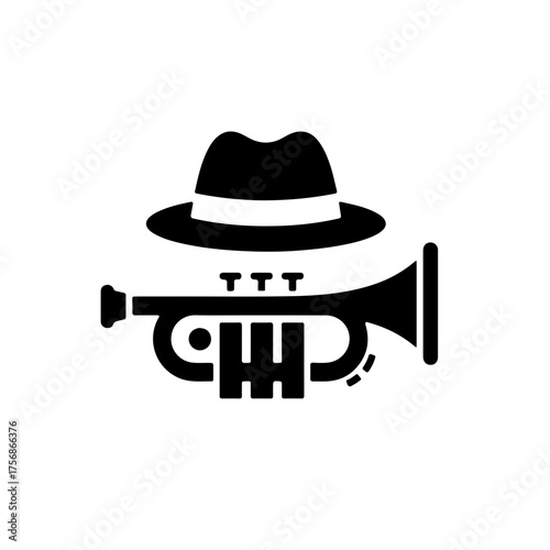 Stylized black and white geometric icon combining a trumpet and a fedora hat, representing classic jazz style and musical elegance. Excellent for music branding, posters, and International Jazz Day