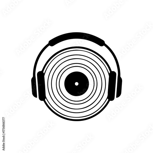 Monochrome silhouette icon of a vinyl record and circumscribing headphones, symbolizing deep listening, vintage sound, and the classic feel of jazz music. Perfect for DJs, music lovers