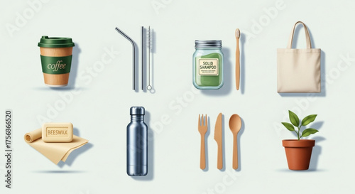 Zero waste lifestyle concept reusable coffee cup, metal straws, bamboo toothbrush, tote bag, and wooden cutlery