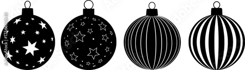 Elegant christmas ornament baubles collection featuring four different decorative patterns stars dots and stripes in silhouette