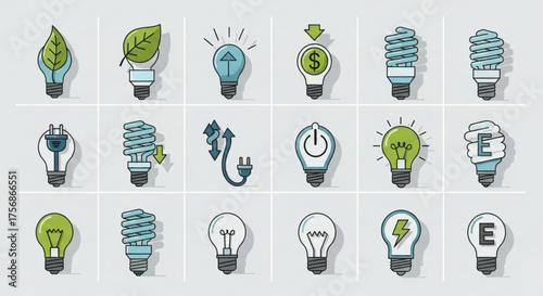 Set of light bulb icons representing energy efficiency, ecofriendly solutions, and cost savings