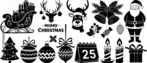 Merry christmas festive silhouette collection featuring santa sleigh reindeer ornaments gifts and holiday decorative elements