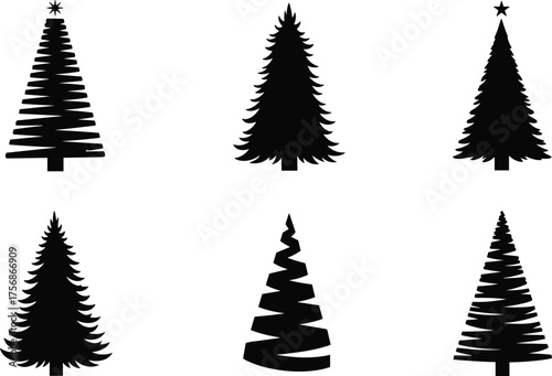Set of six Christmas pine tree silhouettes, festive holiday evergreen vector collection, black fir tree icons for decoration and design