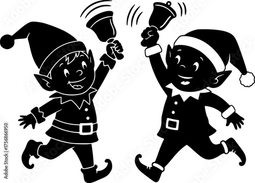 Joyful santa helper elves ringing bells silhouette duo celebrating Christmas with cheerful dancing poses and festive holiday spirit
