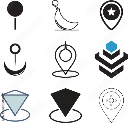 A collection of nine different minimalist style icons arranged in a three by three grid pattern