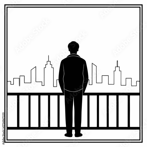 Silhouette of man standing by balcony overlooking city skyline