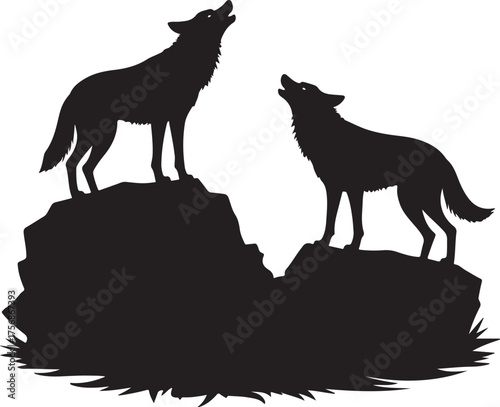 Two black wolf silhouettes howling on rocky outcrops
