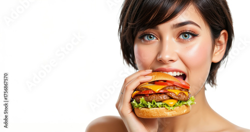 Woman is eating a hamburger. She is smiling. The hamburger is on a bun