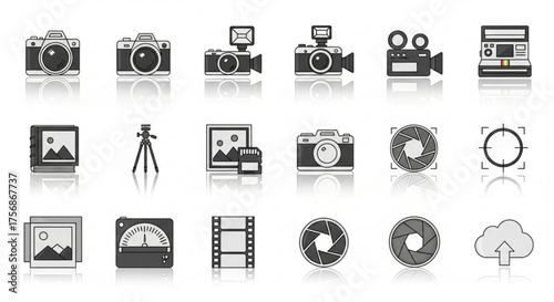Collection of camera and photography icons, perfect for photo, video, or design projects