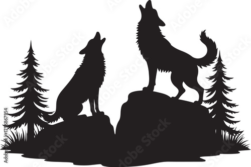 Two wolves howling on rocks with pine trees wolf animal