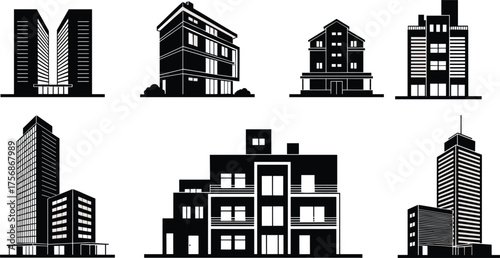 Modern architecture building silhouette collection, black vector illustration of apartments, offices, and skyscrapers for urban real estate design