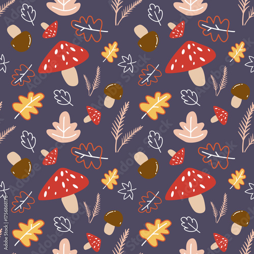 Cute Autumn Mushroom and Leaf Seamless Pattern