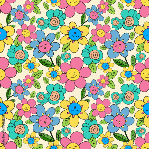 Cheerful Retro Cartoon Flower Seamless Pattern