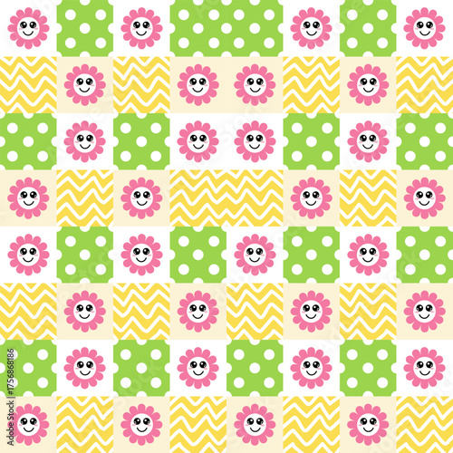 Cheerful Cartoon Flower and Geometric Seamless Pattern