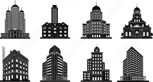 Black city building silhouettes collection, modern and classical architecture vector illustration, urban skyline design, real estate and landmark concept art