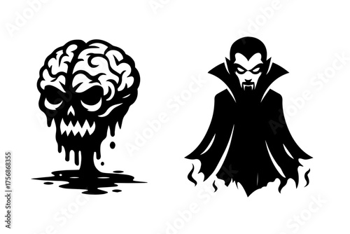 Set of two horror-themed Halloween silhouettes: a melting brain skull and a classic vampire in a cape, conveying gruesome, spooky, and traditional scary holiday graphics