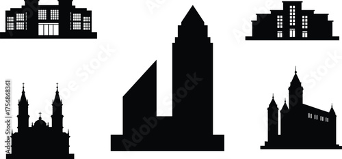 Black building silhouettes collection, modern architecture and historical landmarks, isolated urban skyline vector illustration, architectural cityscape design concept art