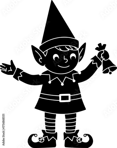 Cheerful christmas elf with open arms spreading holiday joy silhouette featuring pointy hat striped legs and jingle bell shoes
