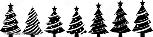 Christmas tree silhouettes collection featuring seven different decorative designs with stars toppers and varied patterns