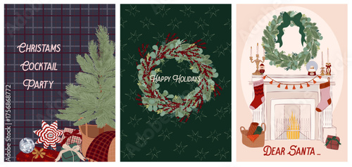 Collection of Holidays Greeting or Invitation cards. Perfect for Christmas, New Year, Winter Holidays. Vintage Cozy Christmas posters. Editable Vector Illustration.